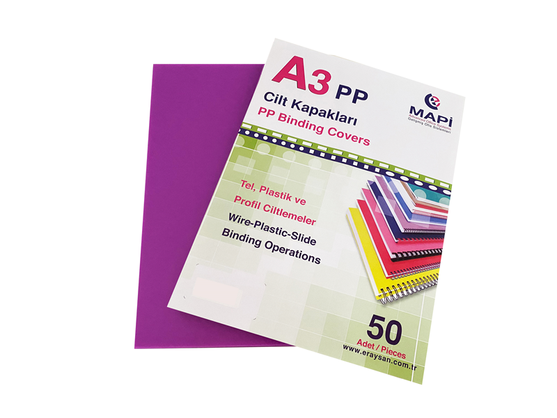 MAPİ A3 PP ŞEFFAF KAPAK (KUM DESEN) 450 MİCRON ŞEFFAF MOR 50 Lİ