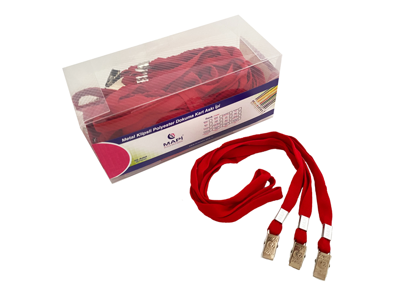 MAPİ METAL KLİPSLİ-POLYESTER DOKUMA KART ASKI İPİ KIRMIZI 50'Lİ PAKET