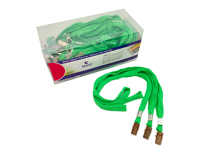 MAPİ METAL KLİPSLİ-POLYESTER DOKUMA KART ASKI İPİ FOSFORLU YEŞİL 50'Lİ PAKET