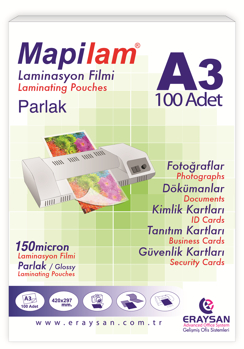 MAPİLAM 150 MİCRON PARLAK LAMİNASYON FİLMİ (A3) 100 LÜ
