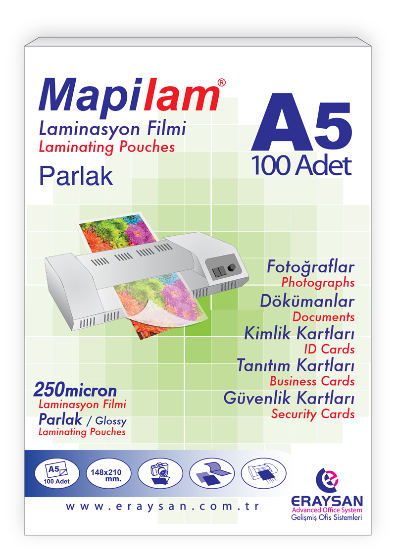 MAPİLAM 250 MİCRON PARLAK LAMİNASYON FİLMİ (A5) 100 LÜ
