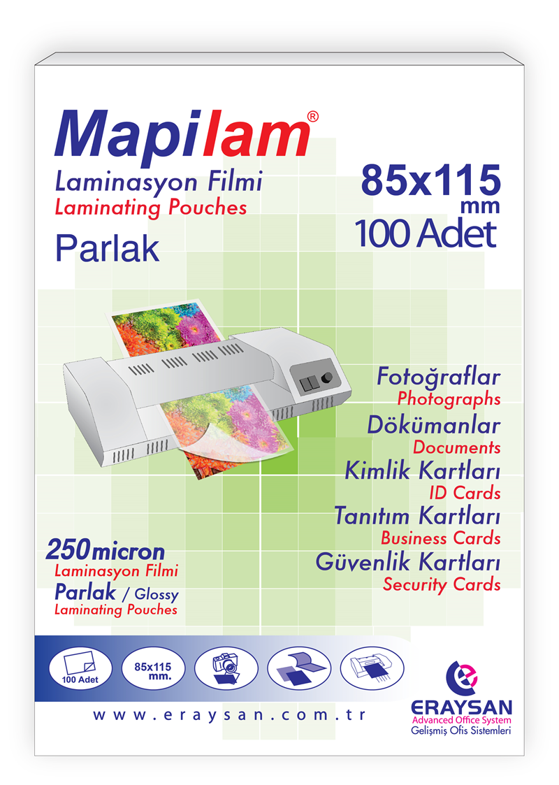 MAPİLAM 250 MİCRON PARLAK LAMİNASYON FİLMİ (BÜYÜK KİMLİK) (85X115) 100 LÜ