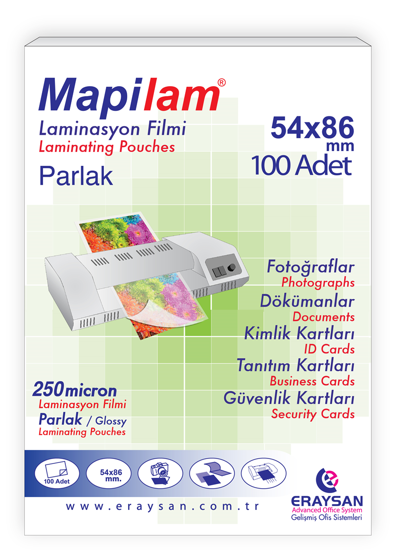 MAPİLAM 250 MİCRON PARLAK LAMİNASYON FİLMİ (KREDİ KARTI) (54X86) 100 LÜ