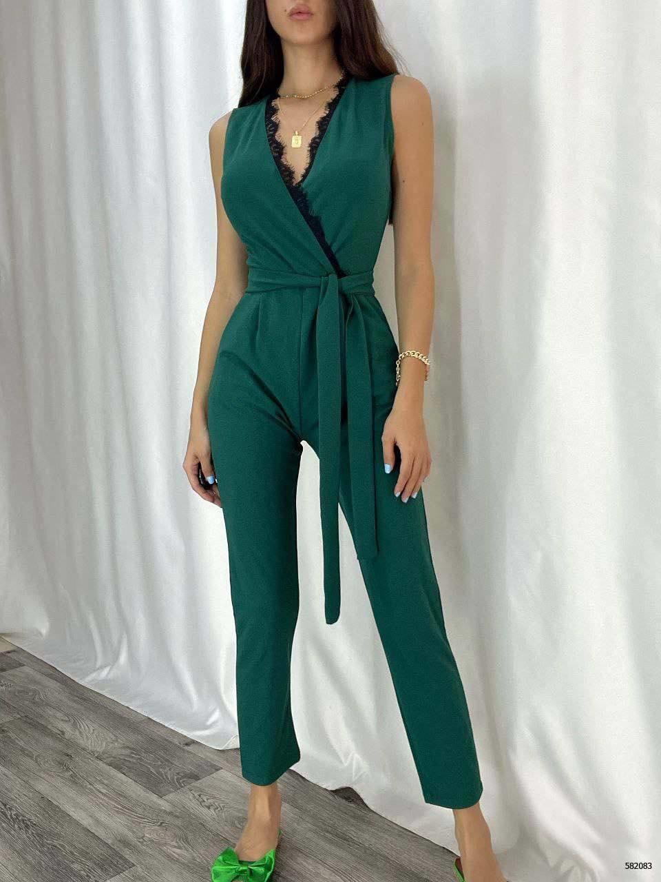  Dantelli Yaka Krep Kumaş Tulum 582083 Zumrut