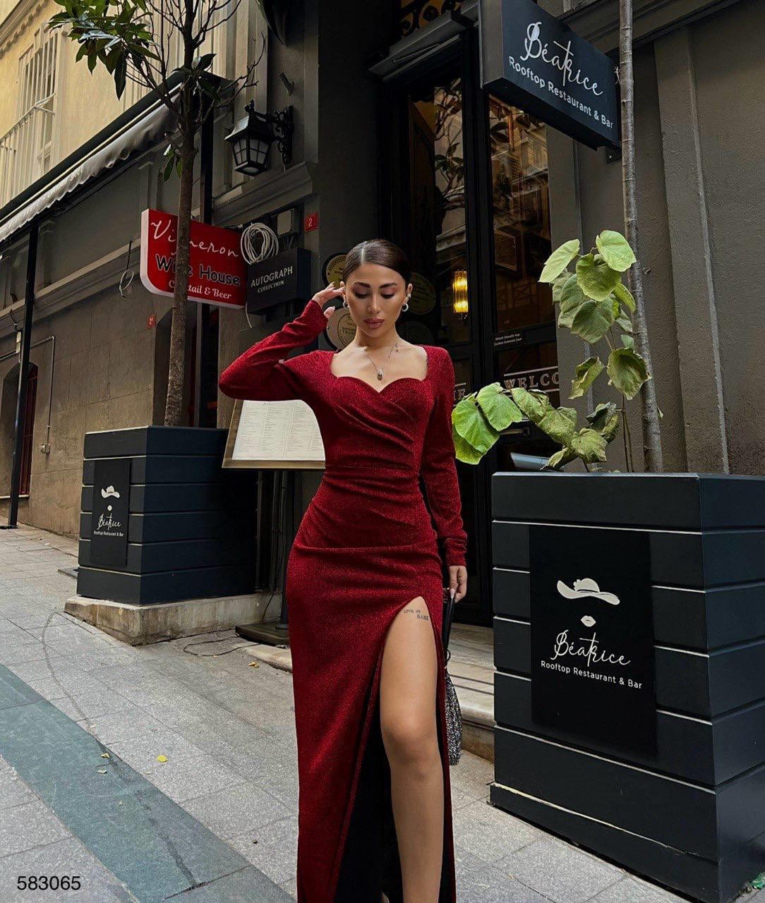  Detaylı Yırtmaçlı FLOWERS Abiye Elbise Kirmizi 583065