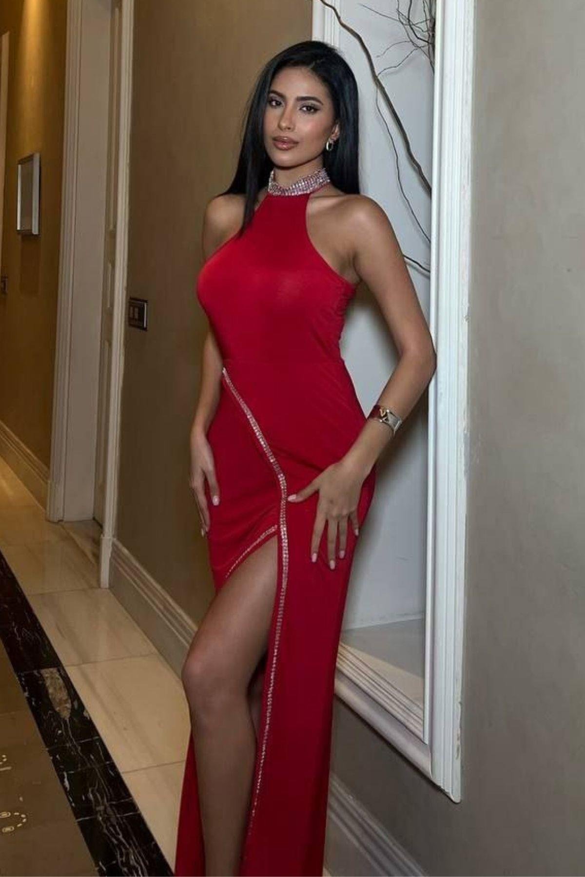 Halter Yaka Taşlı Scuba Abiye Elbise Kırmızı 583143