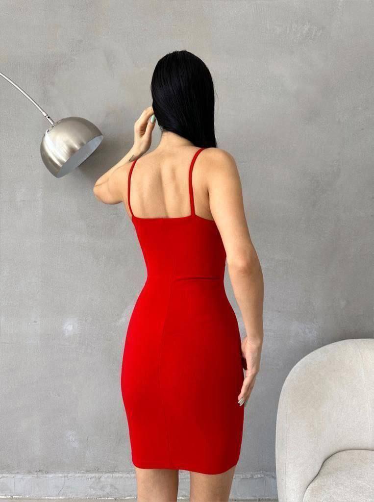 İnce Askılı İnci Detaylı Mini Elbise Kırmızı 582556