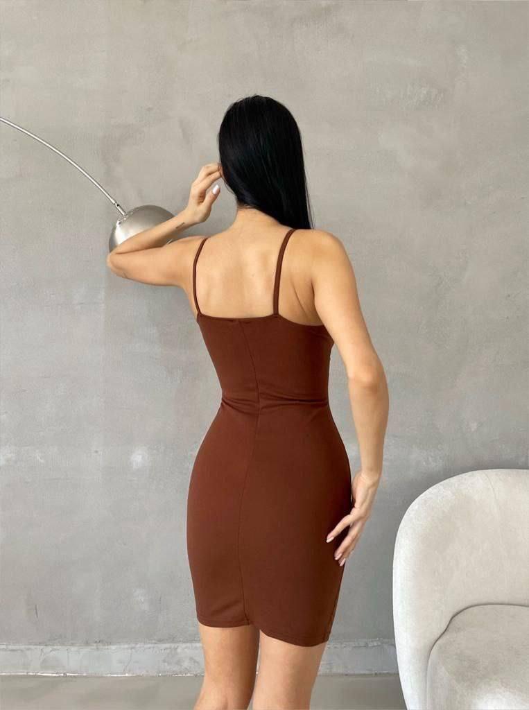 İnce Askılı İnci Detaylı Mini Elbise Kahverengi 582556