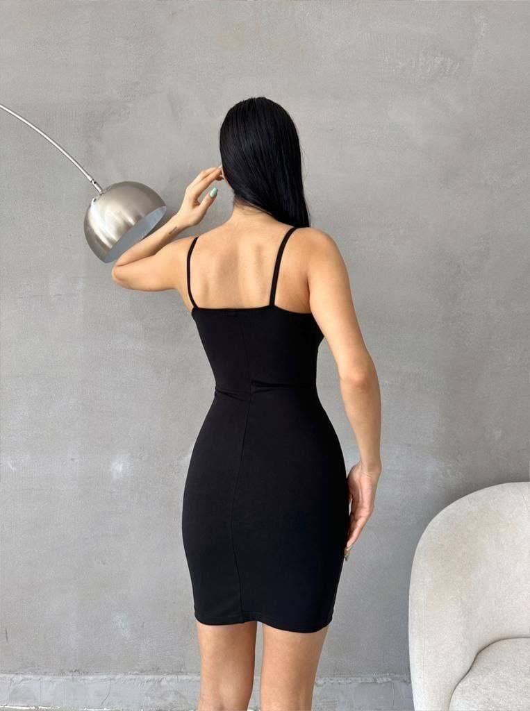 İnce Askılı İnci Detaylı Mini Elbise Siyah 582556