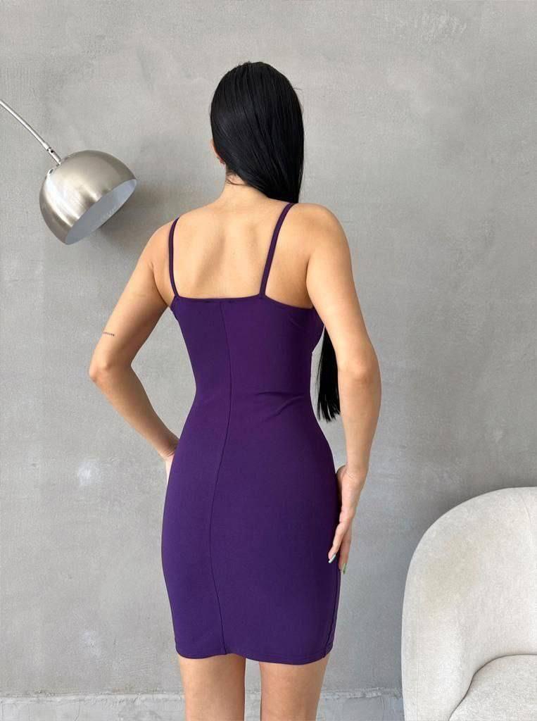 İnce Askılı İnci Detaylı Mini Elbise Mor 582556