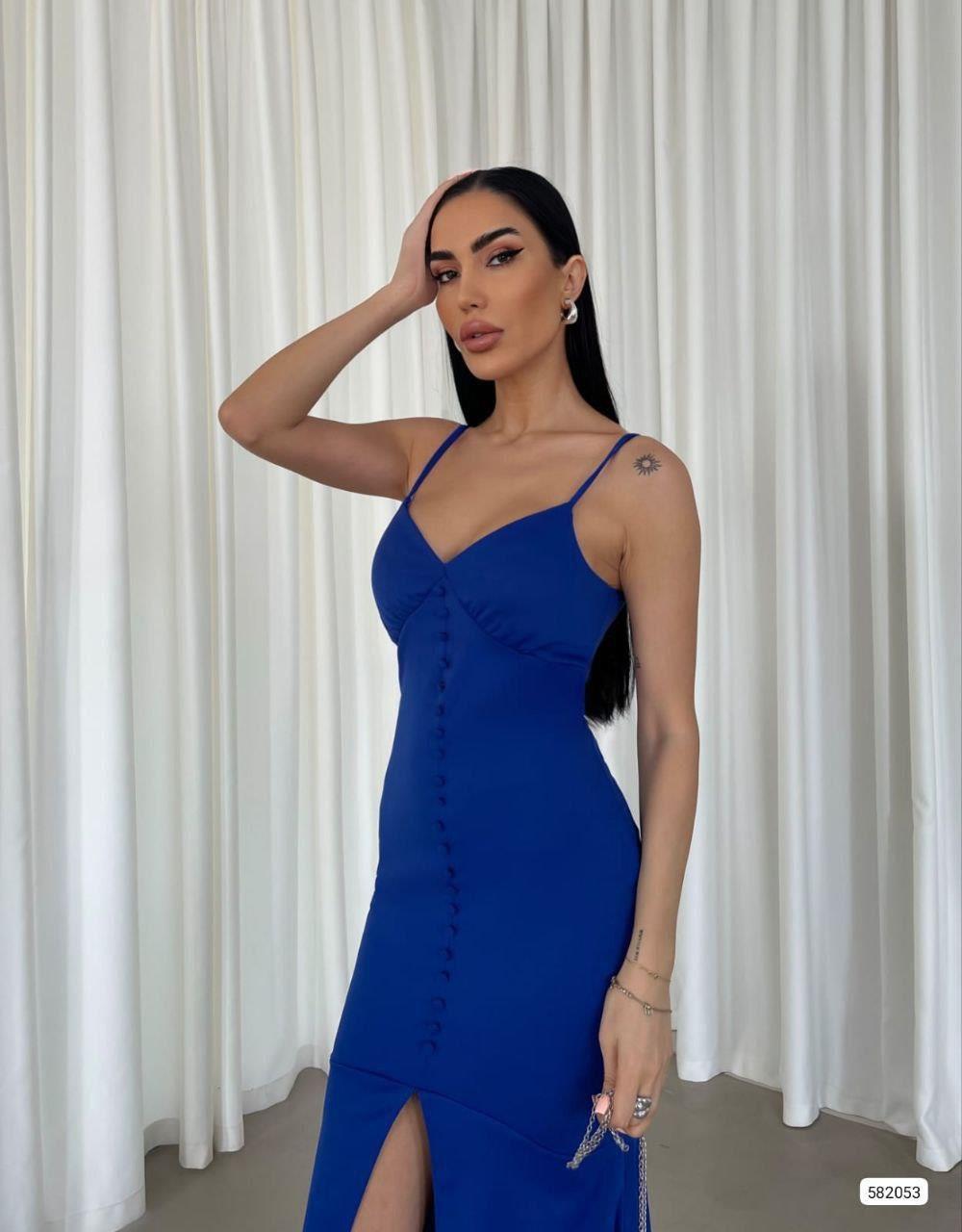  Ithal Krep Kumaş Ince Askılı Düğme Detay Elbise 582053 Saks