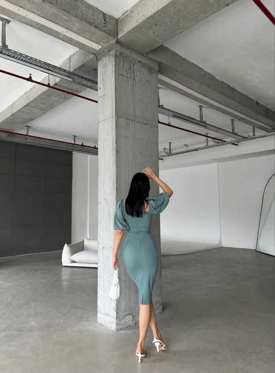  Kendinden Kemerli Krep Kumaş Kısa Kollu Elbise 582439 Koyu Mint