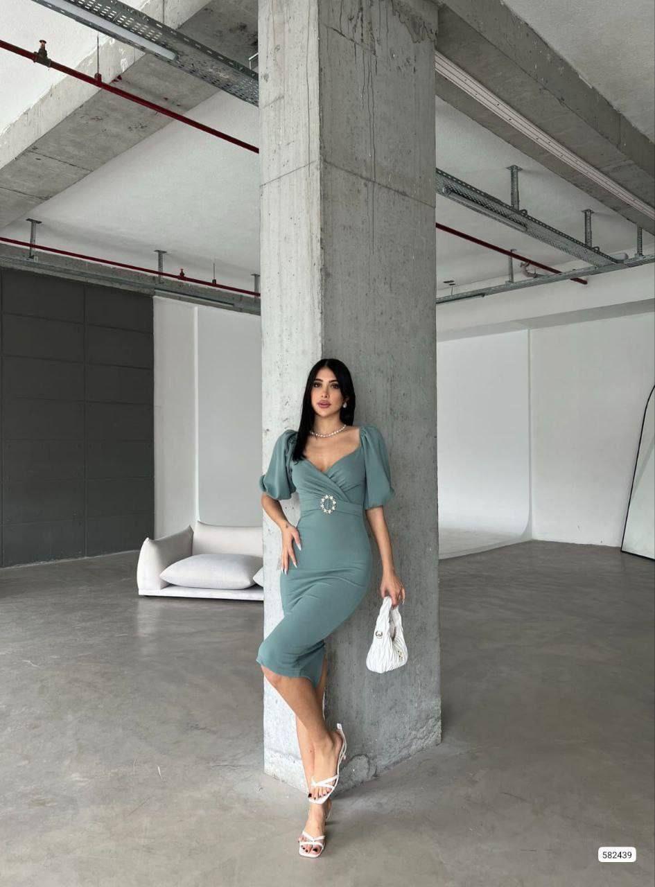  Kendinden Kemerli Krep Kumaş Kısa Kollu Elbise 582439 Koyu Mint