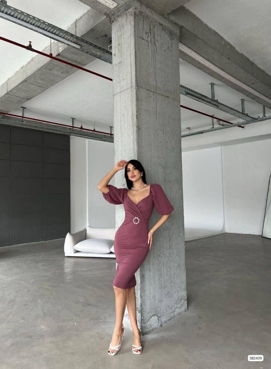   Kendinden Kemerli Krep Kumaş Kısa Kollu Elbise 582439 Gulkurusu
