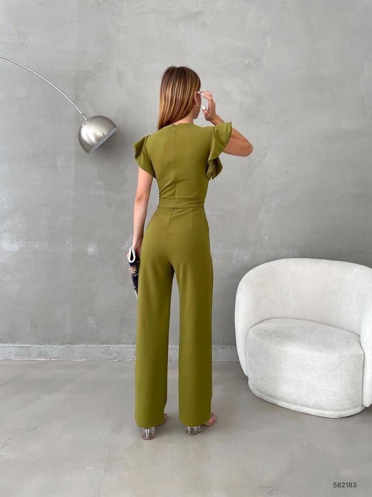 Kolları Fırfırlı Yuvarlak Yaka Kuşaklı Cepli Trend Tulum 582183 Fuşya