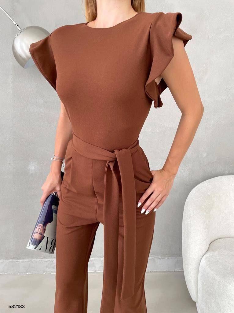  Kolları Fırfırlı Yuvarlak Yaka Kuşaklı Cepli Trend Tulum 582183 Kahve