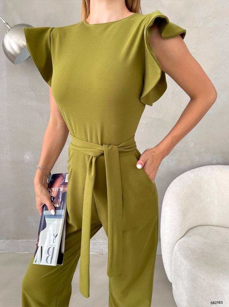  Kolları Fırfırlı Yuvarlak Yaka Kuşaklı Cepli Trend Tulum 582183 Fuşya