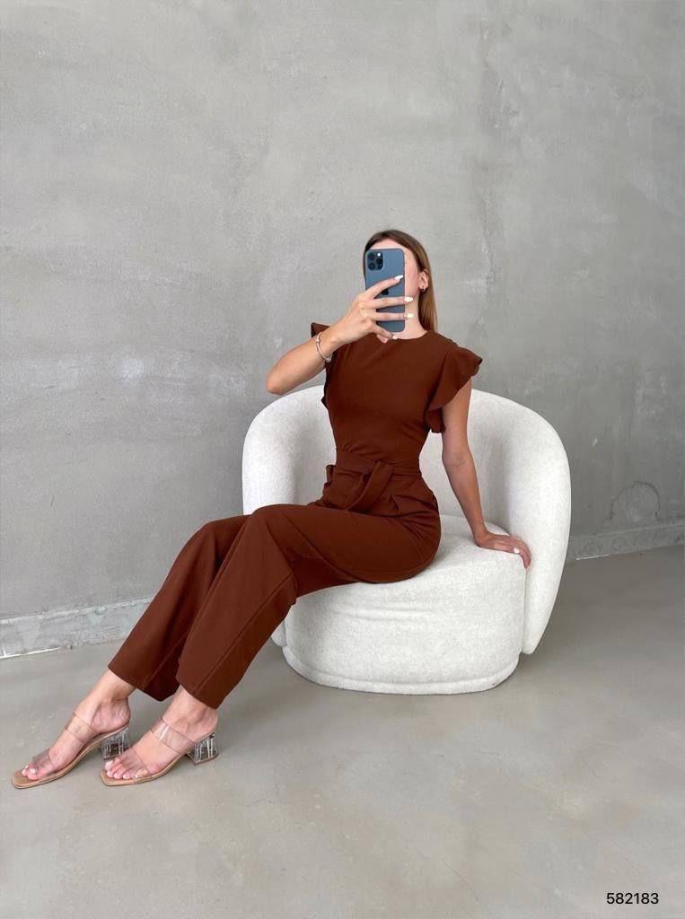  Kolları Fırfırlı Yuvarlak Yaka Kuşaklı Cepli Trend Tulum 582183 Kahve