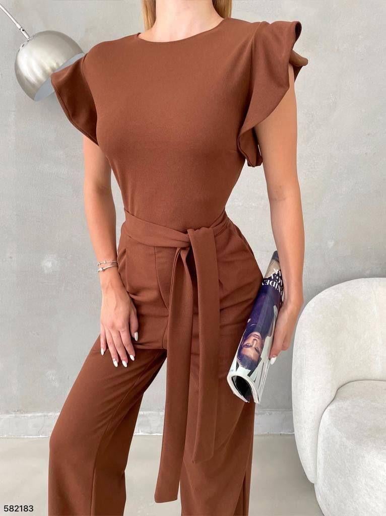  Kolları Fırfırlı Yuvarlak Yaka Kuşaklı Cepli Trend Tulum 582183 Kahve