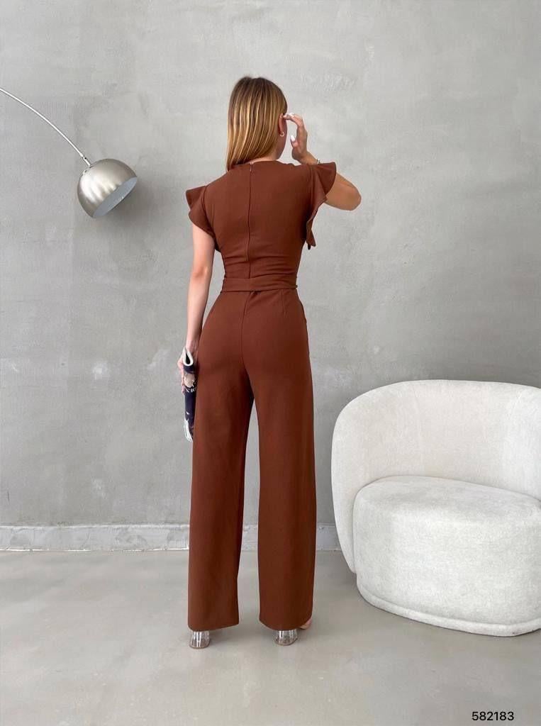  Kolları Fırfırlı Yuvarlak Yaka Kuşaklı Cepli Trend Tulum 582183 Kahve