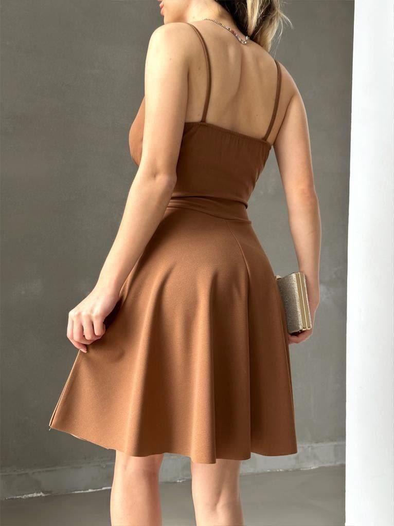   Krep Kumaş Saks Mavisi Ince Askılı Kloş Elbise 581746 Vizon