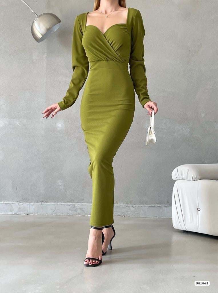   Kruvaze Yaka Arka Yırtmaçlı Midi Elbise 581845   FISTIK YEŞİL