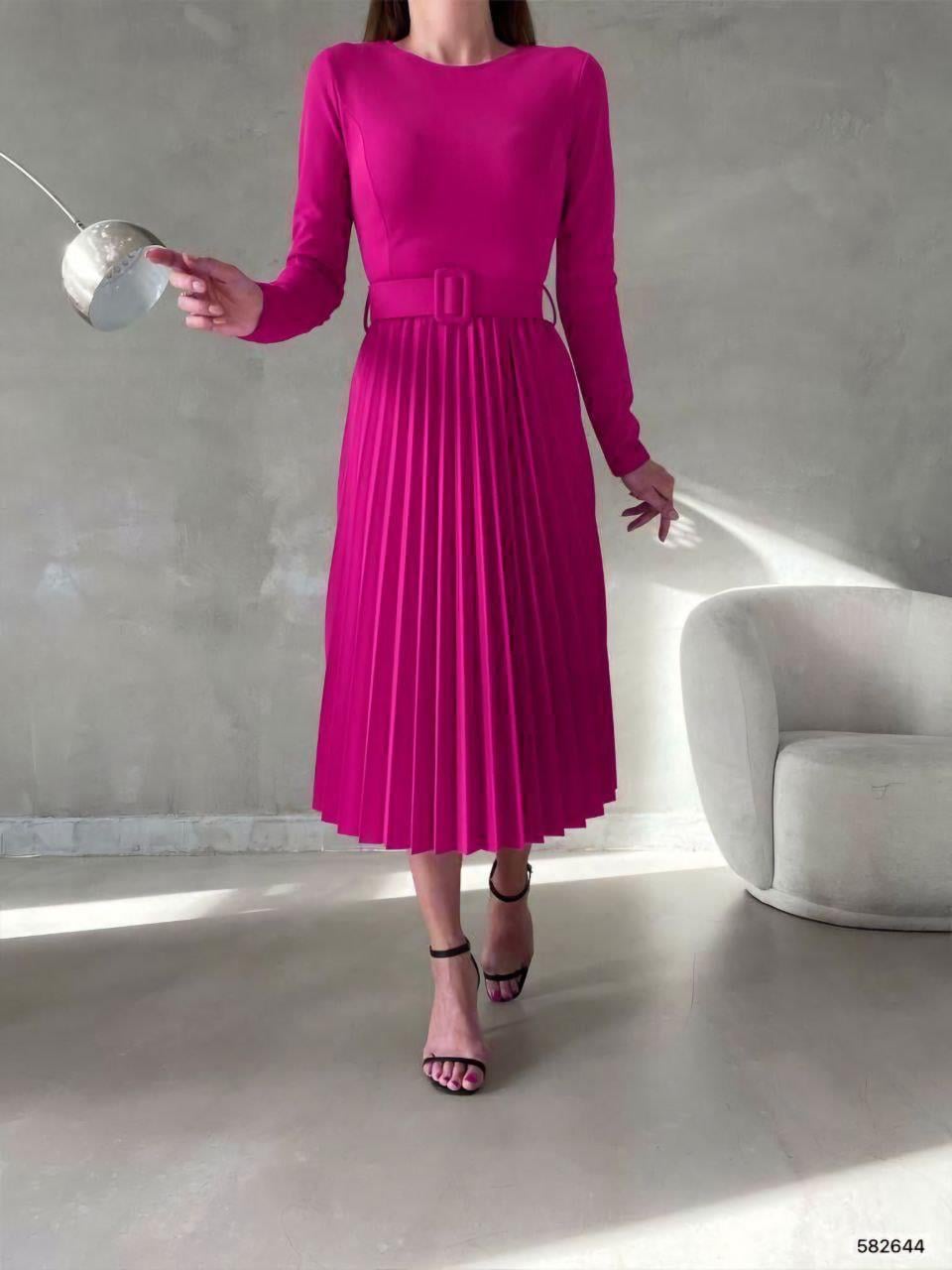 Piliseli Kemerli Midi Boy Abiye Elbise 582644 FUŞYA