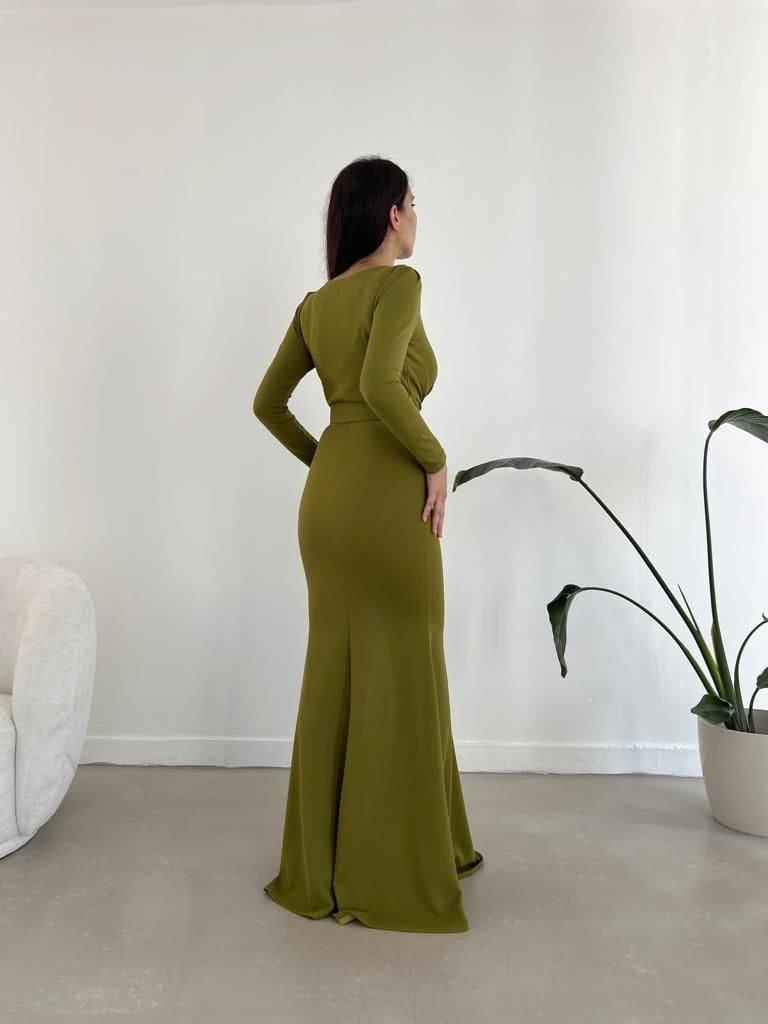 Kruvaze Yaka Yırtmaç Detay Maxi Boy İthal Krep Kumaş Kemerli Elbise 582256 FISTIK YEŞİL