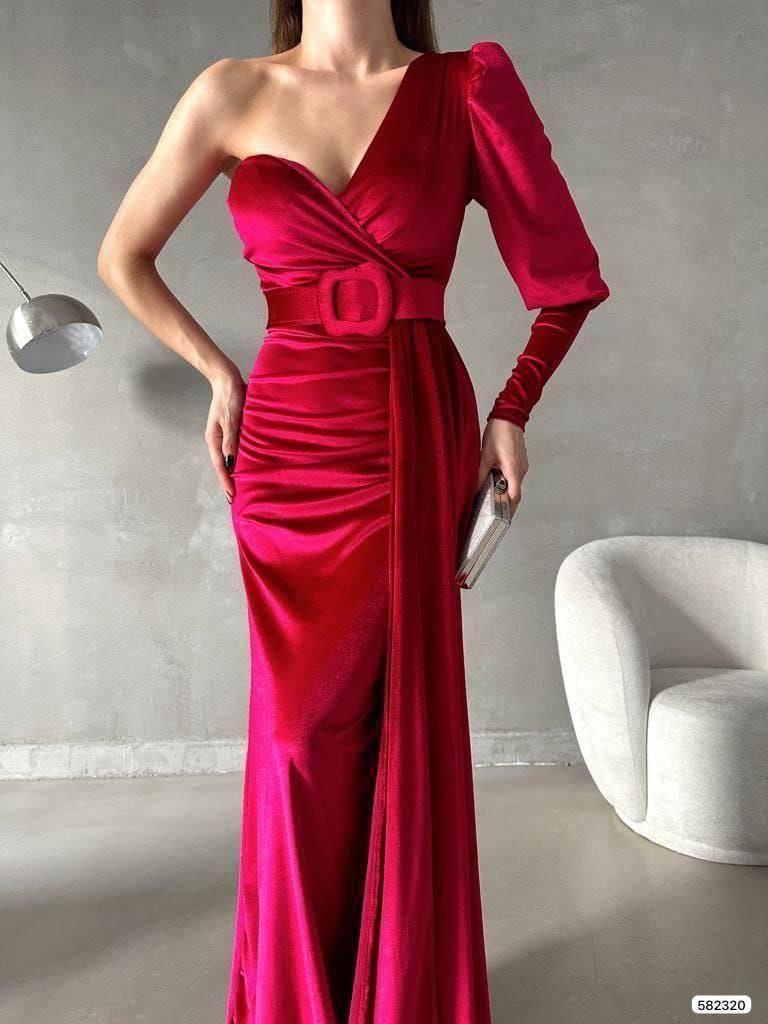 Tek Omuz Kemerli Maxi Boy Kadife Kumaş Abiye Elbise 582320 KIRMIZI