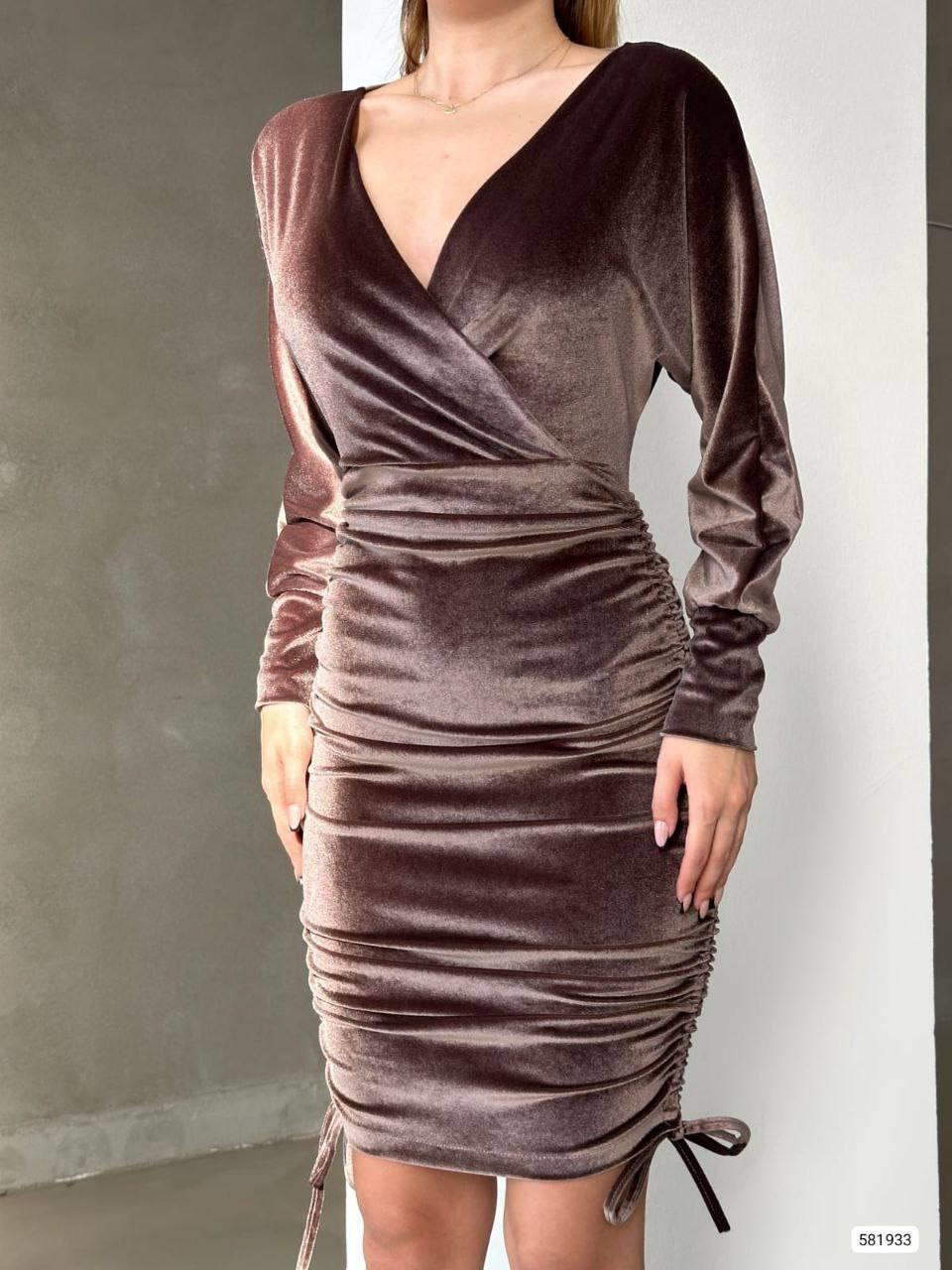 Drapeli Kruvaze Yaka Mini Boy Kadife Kumaş Abiye Elbise 581933 KAHVE