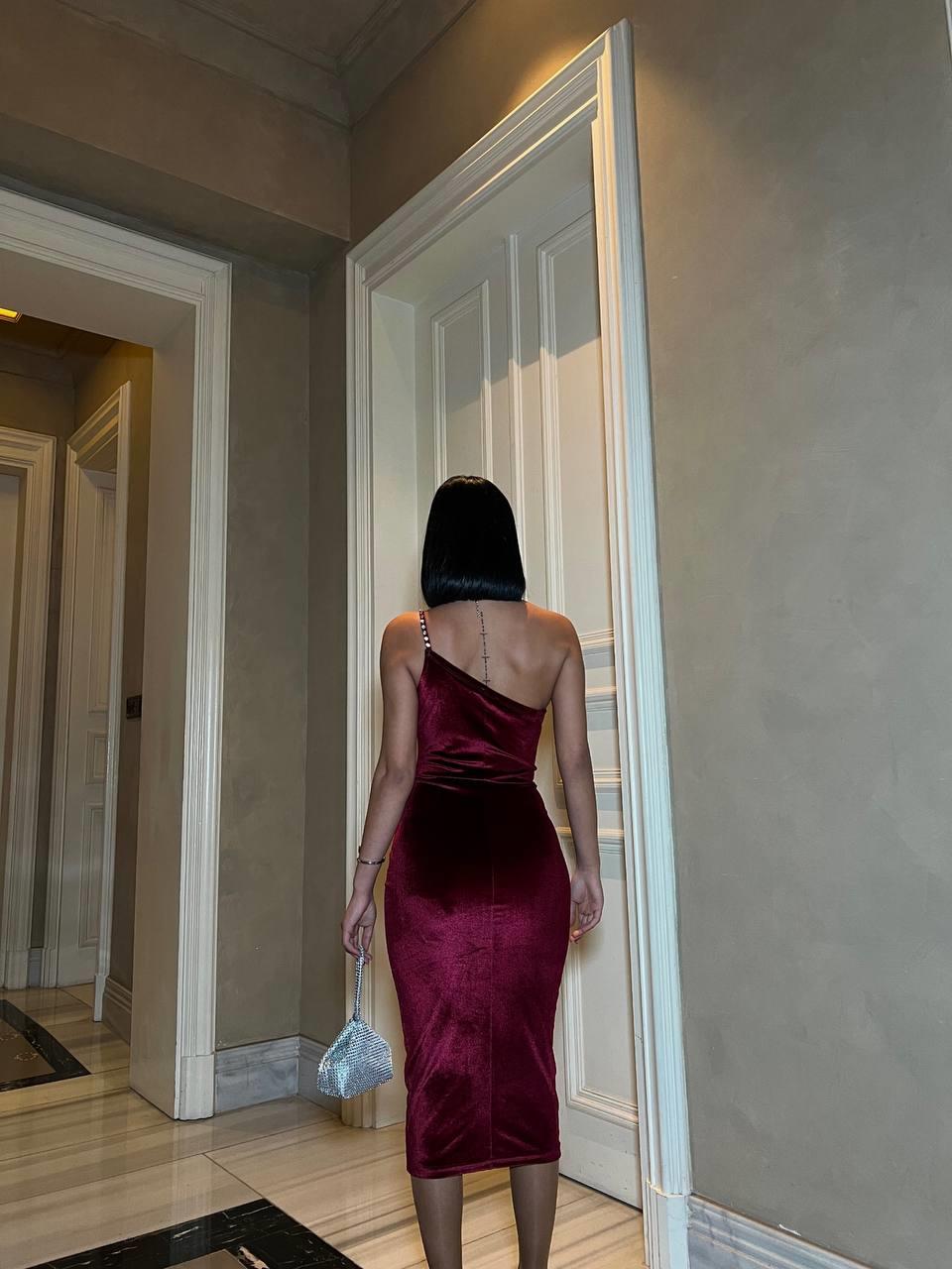 Taş Askılı Midi Kadife Elbise 583141 BORDO