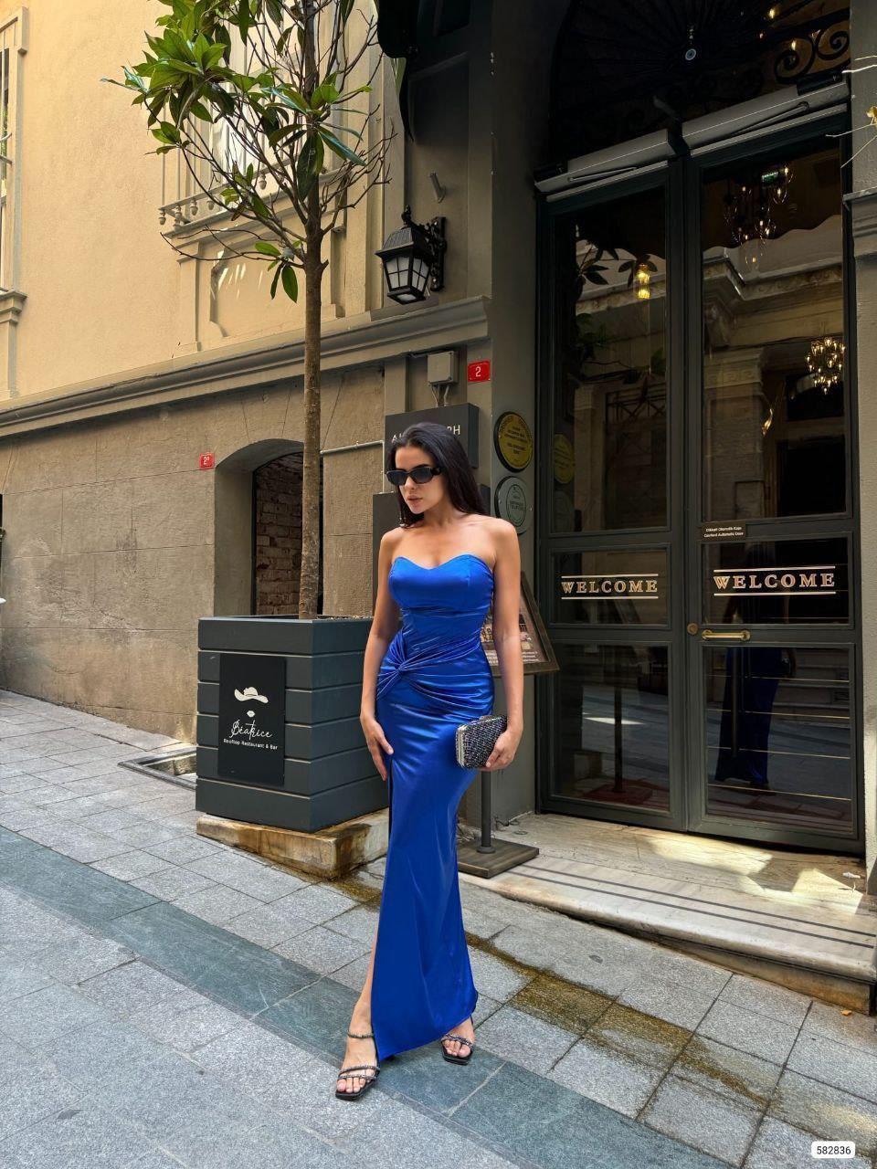  Pamira Ön Düğüm Detay Straplez Saten Abiye 582836 SAKS
