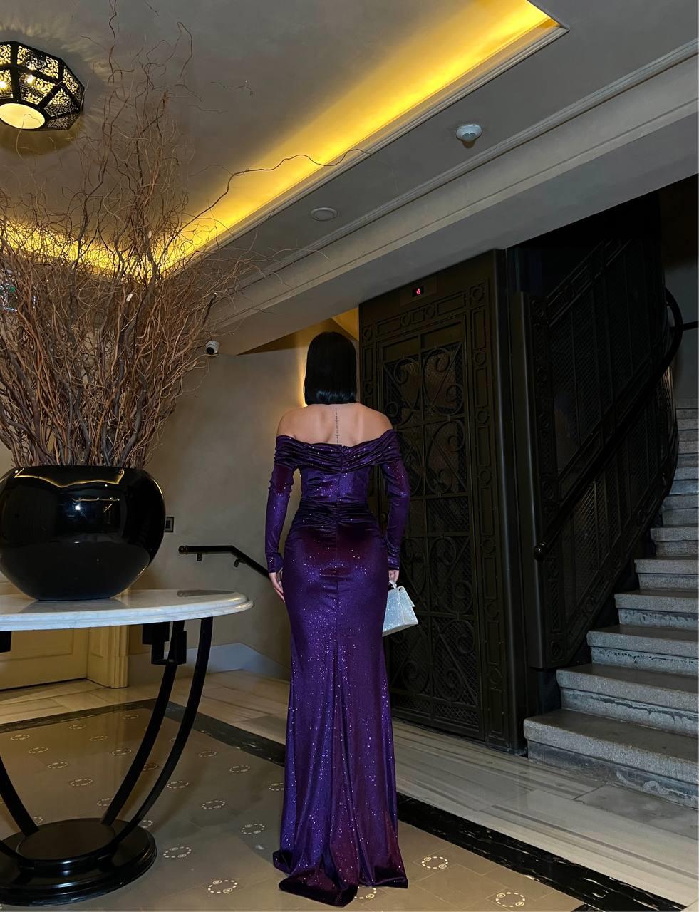 Omuz Dekolte Balık Model Simli Kadife Abiye Elbise 583091 MOR