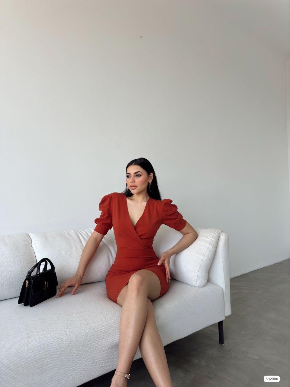 Krep Kumaş Kısa Kollu Kruvaze Yaka Elbise 582900 KİREMİT