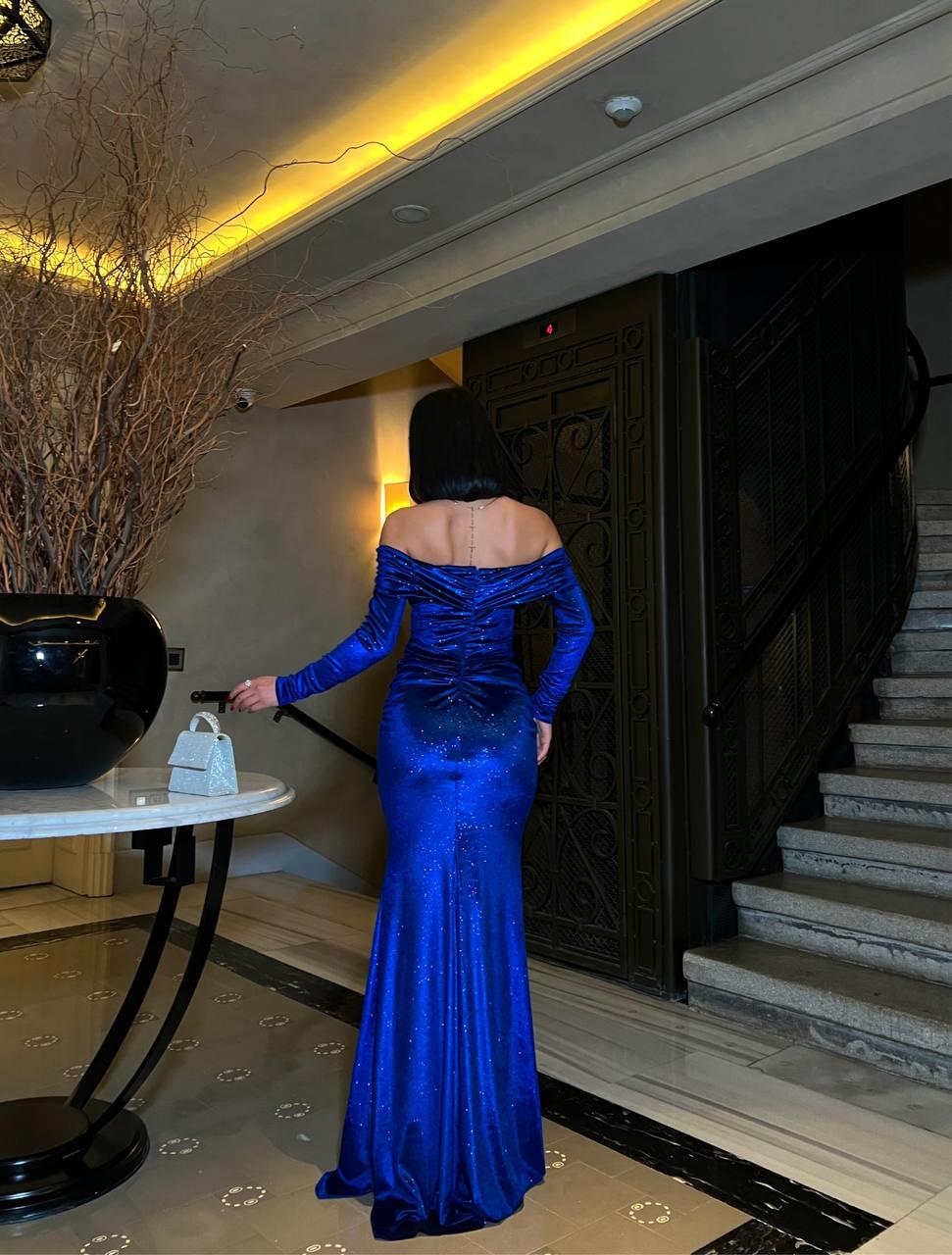 Omuz Dekolte Balık Model Simli Kadife Abiye Elbise 583091 SAKS