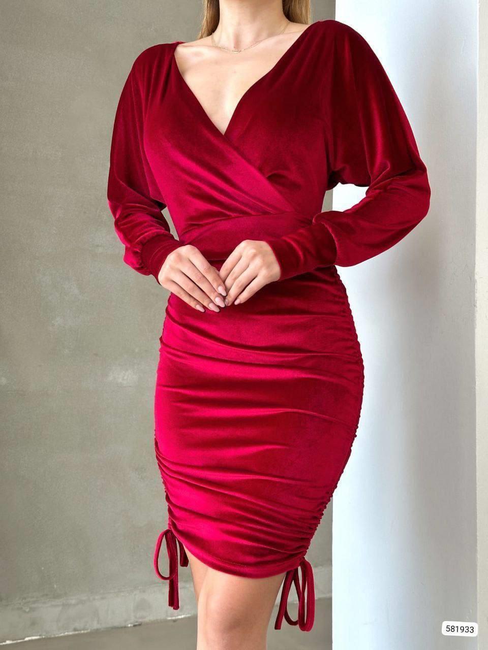 Drapeli Kruvaze Yaka Mini Boy Kadife Kumaş Abiye Elbise 581933 KIRMIZI