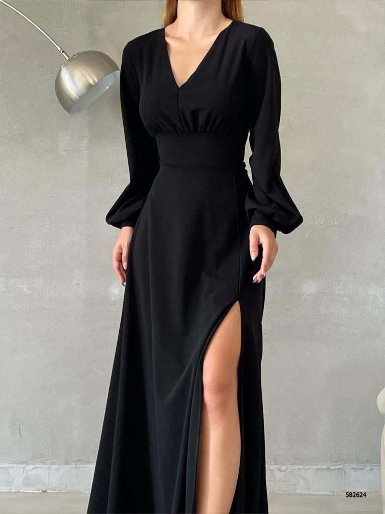 V Yaka Yırtmaçlı Uzun Abiye Elbise 582624 SİYAH