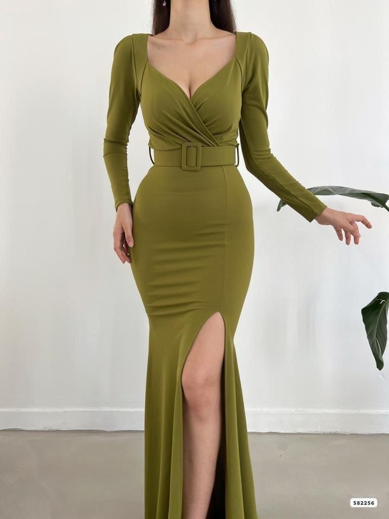 Kruvaze Yaka Yırtmaç Detay Maxi Boy İthal Krep Kumaş Kemerli Elbise 582256 FISTIK YEŞİL