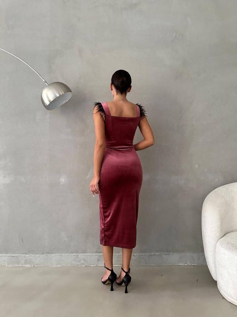 Otriş Detaylı Kare Yaka Kadife Elbise 582248 GÜL KURUSU