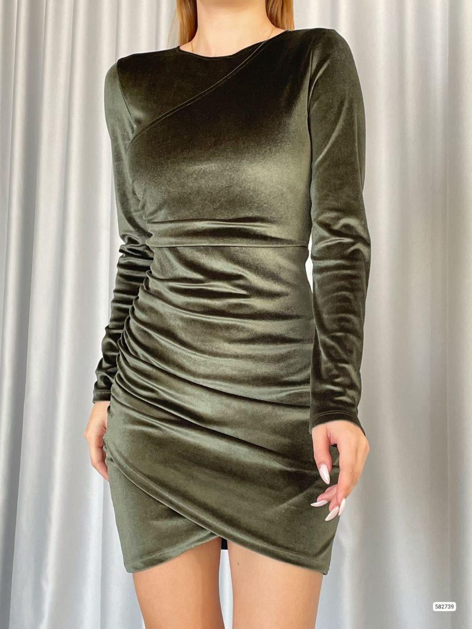 Bisiklet Yaka Kadife Mini Elbise 582739 HAKİ