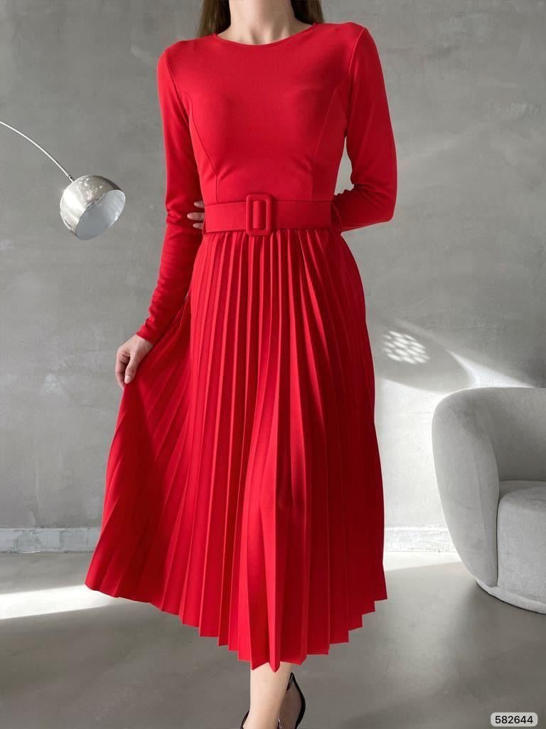 Piliseli Kemerli Midi Boy Abiye Elbise 582644 KIRMIZI