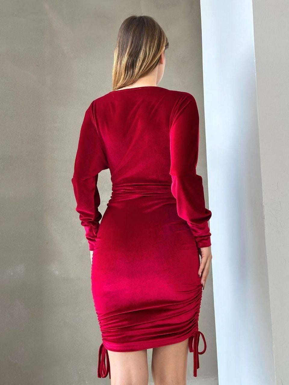 Drapeli Kruvaze Yaka Mini Boy Kadife Kumaş Abiye Elbise 581933 KIRMIZI
