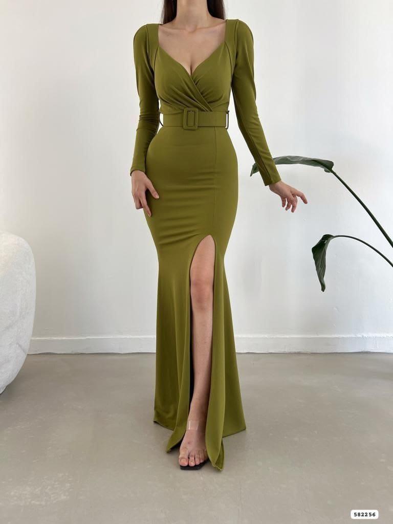 Kruvaze Yaka Yırtmaç Detay Maxi Boy İthal Krep Kumaş Kemerli Elbise 582256 FISTIK YEŞİL