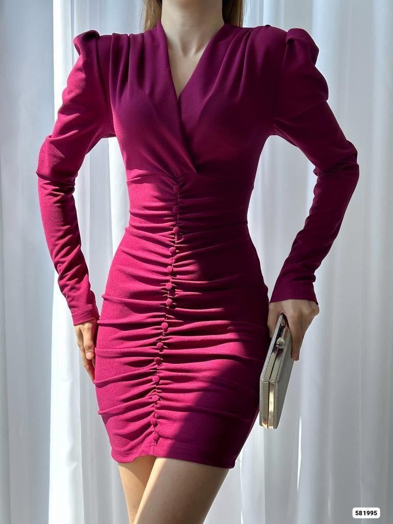 Kruvaze Yaka Drapeli Düğmeli Mini Boy Krep Kumaş Elbise 581995 MOR