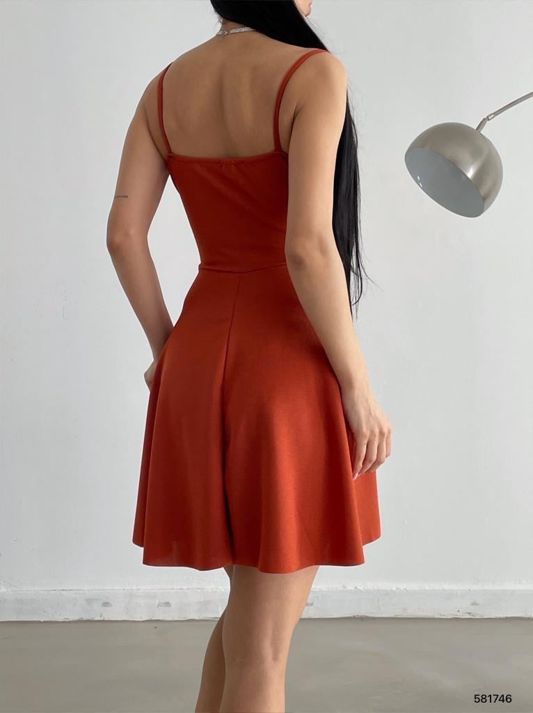 Parlak Krep Kumaş Ince Askılı Kloş Elbise 581746 Taba