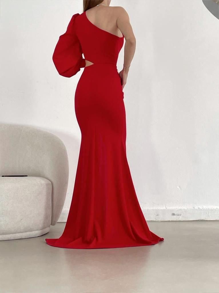   Tek Kol Derin Yırtmaçlı Krep Gece Elbisesi Abiye 582286 Kirmizi