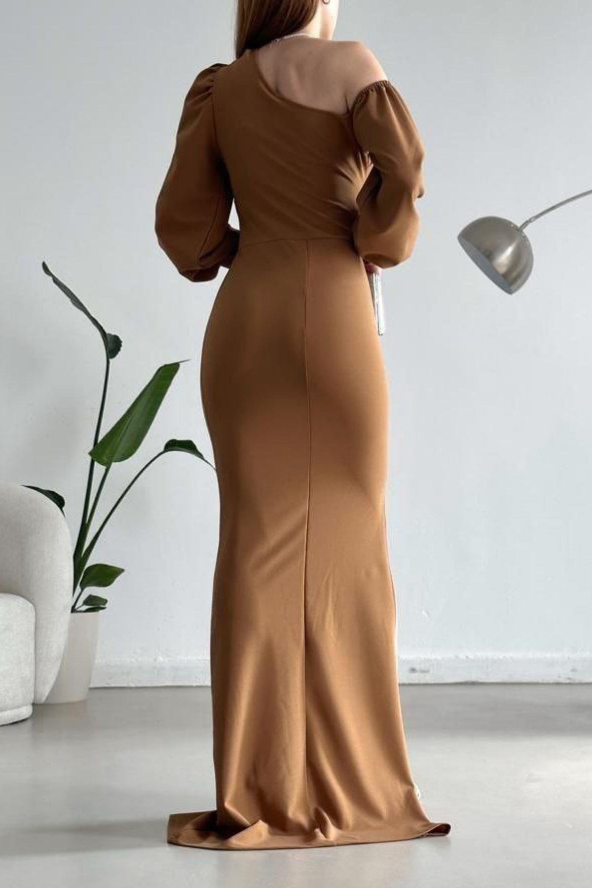 Tek Omuz Açık Detay Ithal Krep Kumaş Maxi Boy Uzun Kol Elbise Vizon 582307