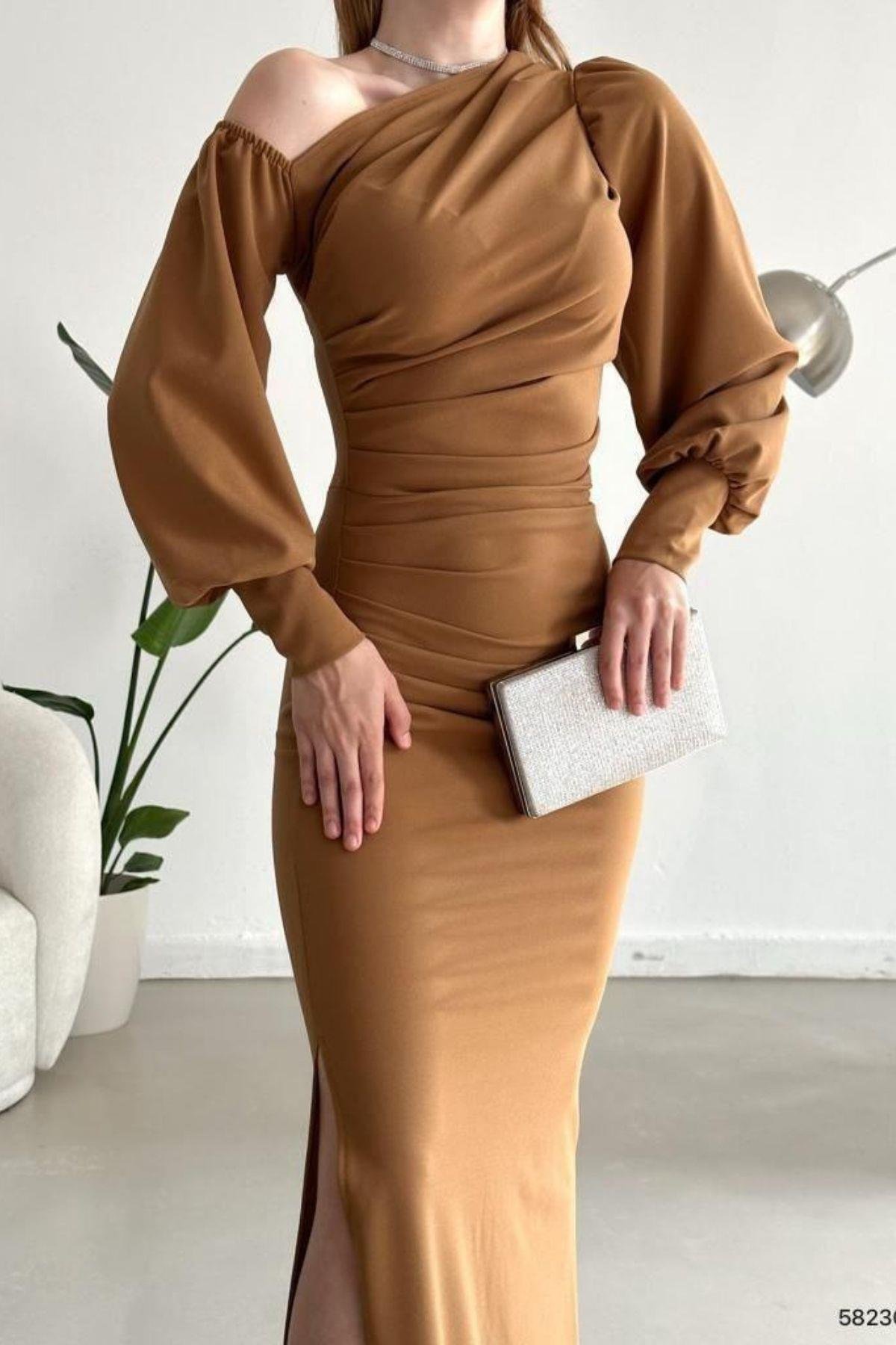 Tek Omuz Açık Detay Ithal Krep Kumaş Maxi Boy Uzun Kol Elbise Vizon 582307
