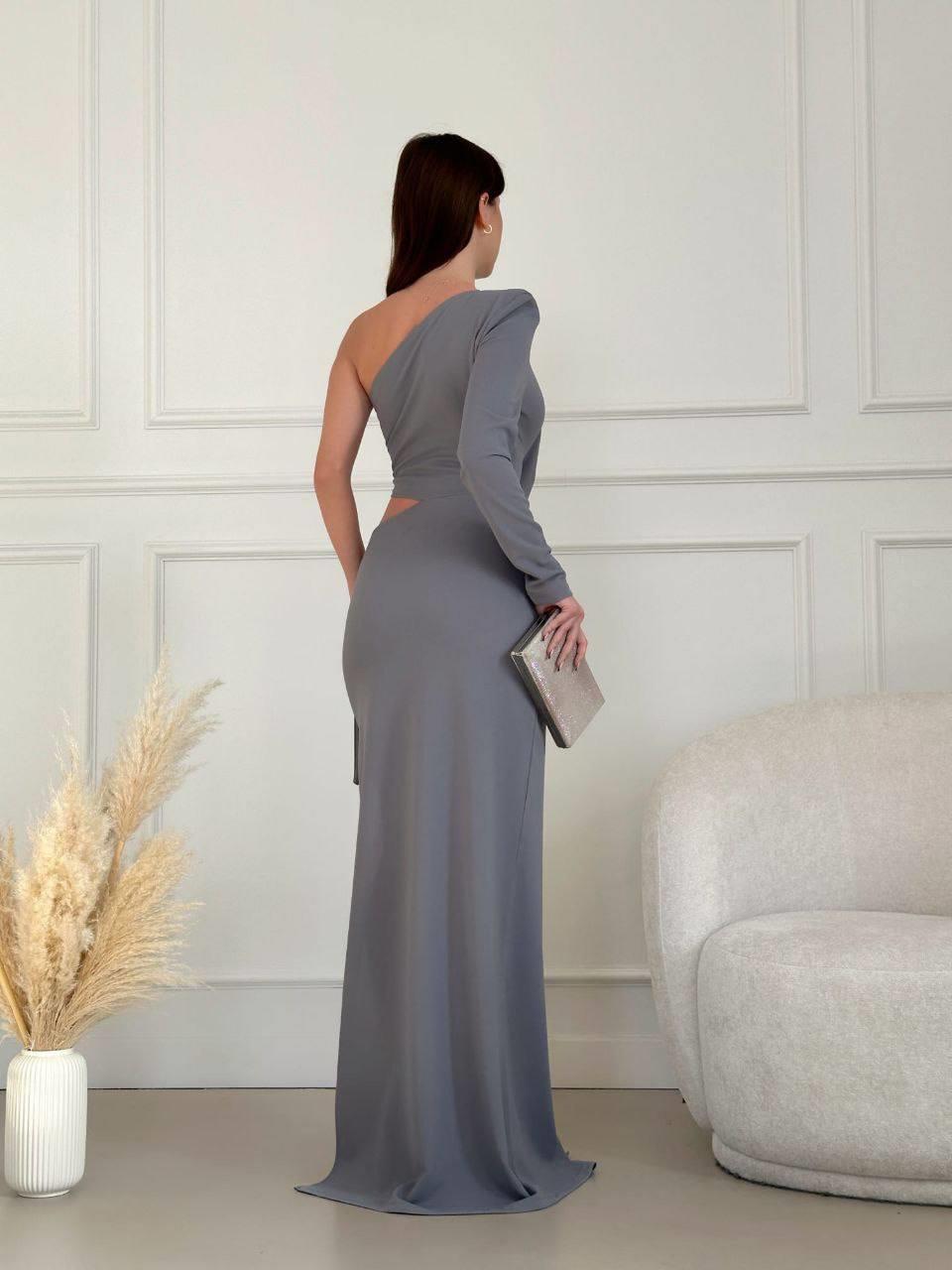  Tek Omuz Yırtmaçlı ve Bel Dekolteli Uzun Abiye Elbise 582794 Gri