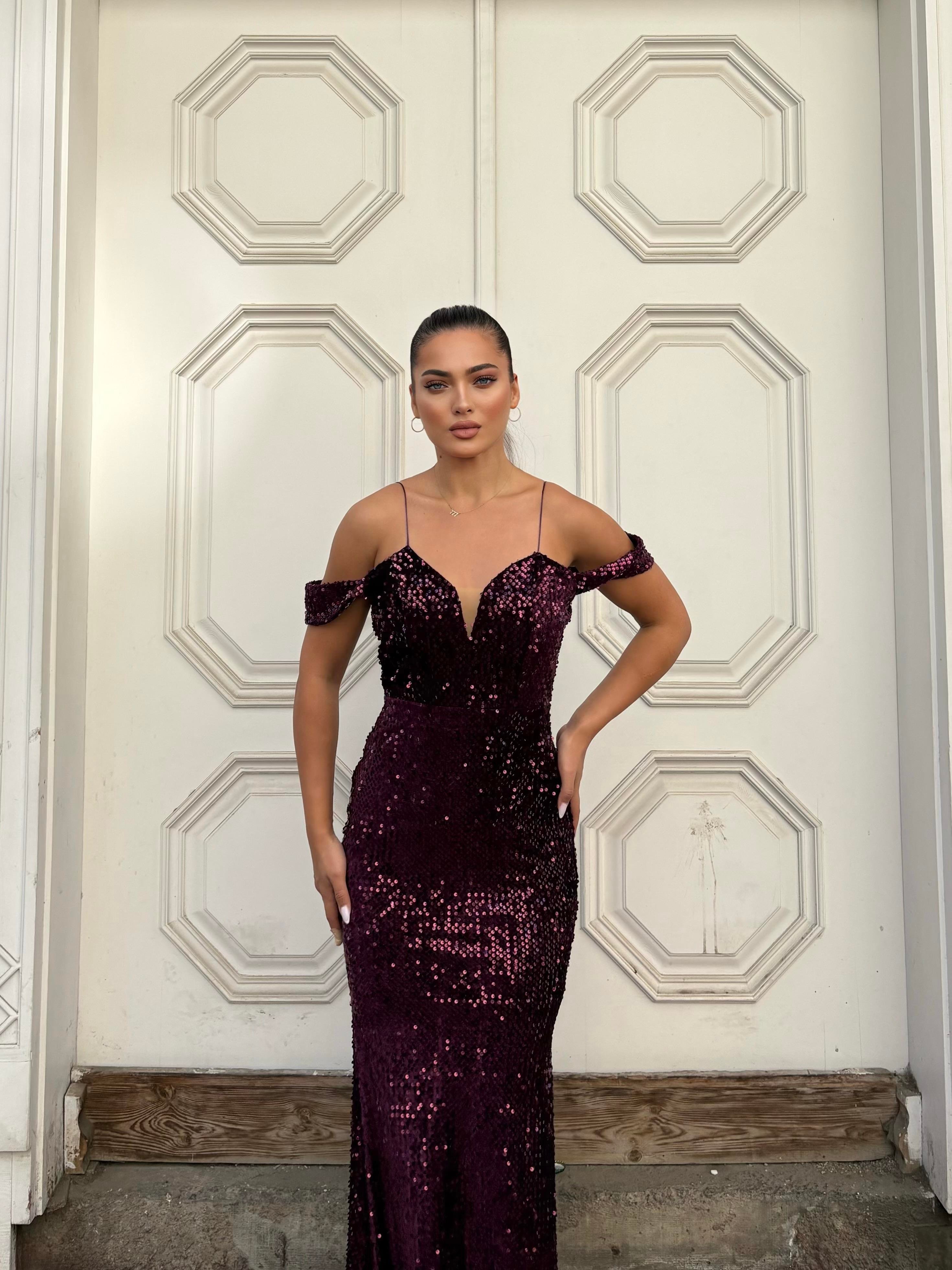  Trend Band Kol Kadife Balık Elbise AÇIK MOR 583198